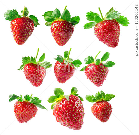 Set of strawberry with green leaves isolated on white transparent background Set of strawberry with green leaves isolated on white transparent background 133203148