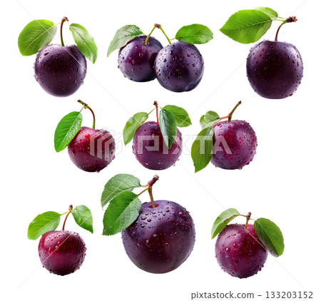 Set of plum with green leaf, isolated on white transparent background, symbolizing freshness and nature food Set of plum with green leaf, isolated on white transparent background, symbolizing freshness and nature food 133203152