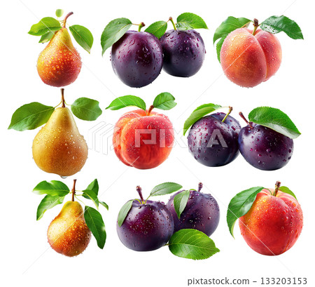 Set of peach, pear, plums or nectarine covered in dew drops with green leaves isolated on white background 133203153