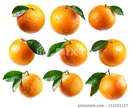 Set of orange with water droplets represents natural, vibrant citrus goodness isolated on a white transparent background 133203157