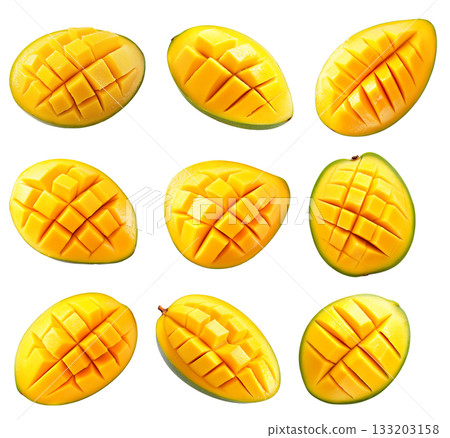 Set of ripe mango cut into cubes, vibrant yellow flesh, green skin, isolated on white transparent background 133203158