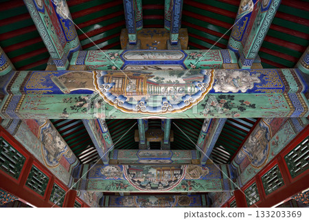 Painted decorations inside the Long Corridor covered walkway in Summer Palace in Beijing, China Painted decorations inside the Long Corridor covered walkway in Summer Palace in Beijing, China 133203369