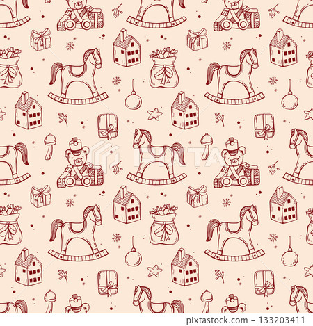Vintage Christmas whimsical seamless pattern with bear, horse, gifts and toys. Line art hand drawn illustrations. Vintage Christmas whimsical seamless pattern with bear, horse, gifts and toys. Line art hand drawn illustrations. 133203411