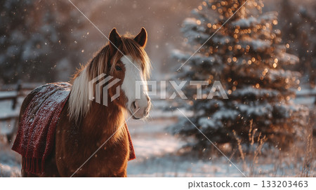 Brown horse standing in snowy winter landscape near Christmas tree 133203463