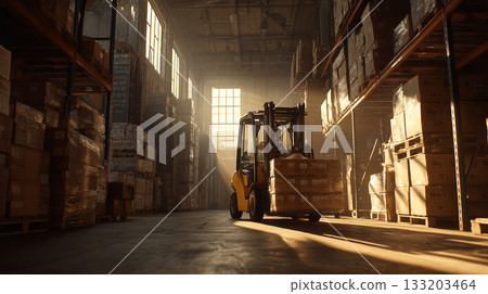 Yellow forklift lifting pallet of boxes in large warehouse at sunrise 133203464