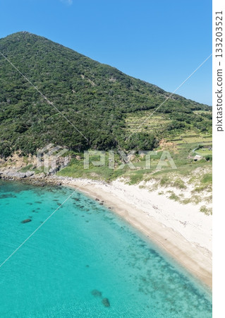 Aerial view of the blue sea beach at Shirahama "Nokubi Beach" on Nozaki Island in the Goto Islands, Nagasaki Prefecture 133203521