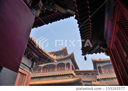Ornate architecture of the Yonghe Temple of Tibetan Buddhism in Dongcheng District in Beijing, China Ornate architecture of the Yonghe Temple of Tibetan Buddhism in Dongcheng District in Beijing, China 133203577
