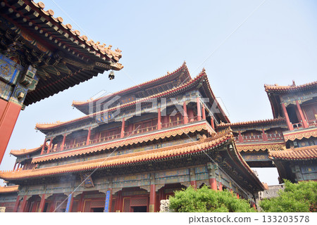 Ornate architecture of the Yonghe Temple of Tibetan Buddhism in Dongcheng District in Beijing, China Ornate architecture of the Yonghe Temple of Tibetan Buddhism in Dongcheng District in Beijing, China 133203578