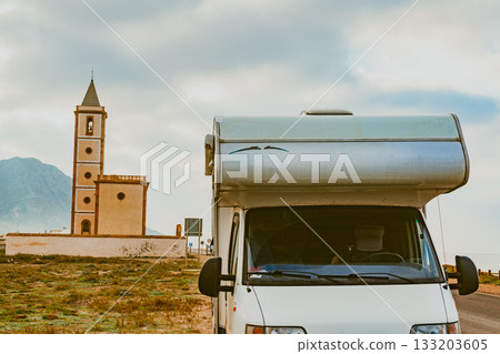 Caravan and church San Miguel, Cabo de Gata, Spain Caravan and church San Miguel, Cabo de Gata, Spain 133203605