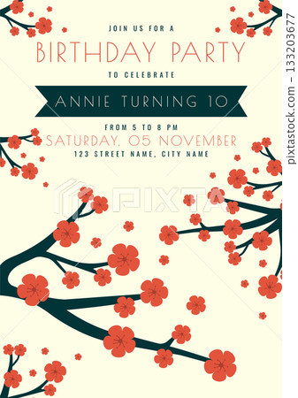 Birthday Party Invitation Card Template Minimalist Japanese Sakura Flowers Vector. 133203677