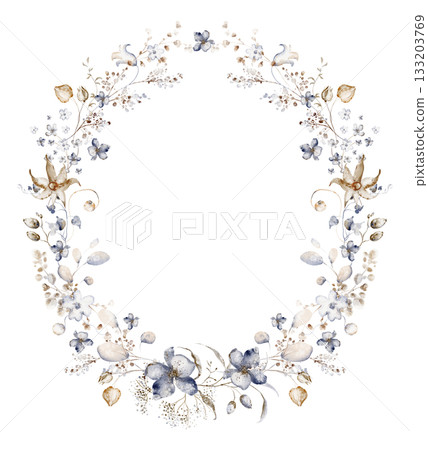 Watercolor wedding wreath with dried winter plants. Botanical border for design. Floral circle for invitation template. Watercolor wedding wreath with dried winter plants. Botanical border for design. Floral circle for invitation template. 133203769