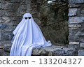 A child, wrapped in a flowing white sheet and wearing sunglasses, sits on a stone wall. 133204327