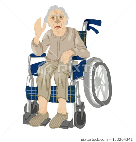 一位老年婦女（坐輪椅）抱怨每5分鐘就要小便一次 / 泌尿系統問題和頻尿的醫學插圖 133204341