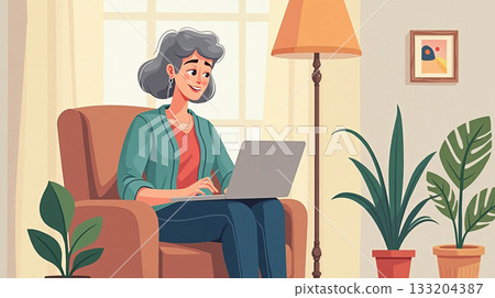 Elderly woman with gray hair sitting on a cozy armchair using a laptop. Warm home interior with plants and soft lighting. Concept of technology use 133204387