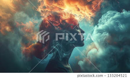 Profile of a woman with colorful smoke forming her hair, set against a dark background. Concept of mental health and emotional intelligence 133204521