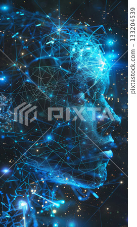 Concept of complexity and interconnectedness of the brain's neural network. The face is surrounded by a blue background with stars 133204539