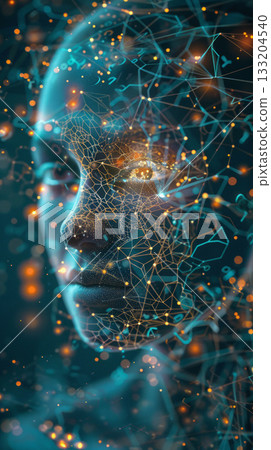 Concept of brain's neural network. The neurons are connected to each other and are glowing in the dark. The face is surrounded by a blue background with stars Concept of brain's neural network. The neurons are connected to each other and are glowing in the dark. The face is surrounded by a blue background with stars 133204540