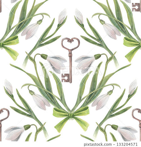 A seamless pattern featuring a vintage-style composition of snowdrops, leaves, and keys. Hand-drawn watercolor illustration isolated on a white background. Perfect for decorating packaging, textiles. A seamless pattern featuring a vintage-style composition of snowdrops, leaves, and keys. Hand-drawn watercolor illustration isolated on a white background. Perfect for decorating packaging, textiles. 133204571