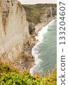 Steep limestone cliffs and coastal shoreline of Etretat in Normandy, France, overlooking waves and rugged beach. 133204607