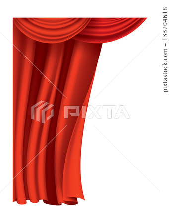Red curtains realistic. Theater fabric silk decoration for movie cinema or opera hall. Curtains and draperies interior decoration object. Isolated on transparent for theater stage 133204618