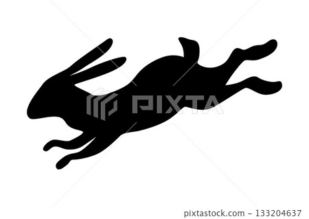 A dynamic silhouette depicting a leaping rabbit in motion A dynamic silhouette depicting a leaping rabbit in motion 133204637