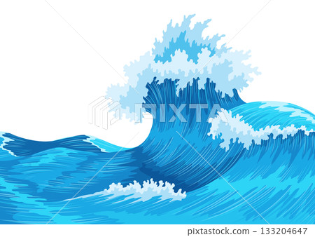 Ocean waves, splash water, marine sea storm element. Blue sea or ocean wave with spray, foam on crest. Vector illustration Ocean waves, splash water, marine sea storm element. Blue sea or ocean wave with spray, foam on crest. Vector illustration 133204647