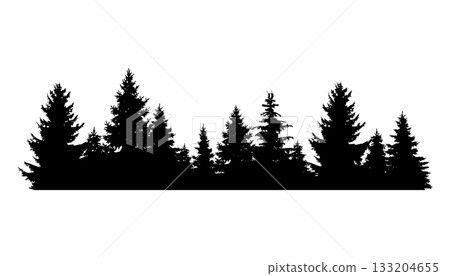 Fir trees silhouette. Coniferous spruce horizontal background pattern, black evergreen woods vector illustration. Beautiful hand drawn panorama of coniferous forest Fir trees silhouette. Coniferous spruce horizontal background pattern, black evergreen woods vector illustration. Beautiful hand drawn panorama of coniferous forest 133204655
