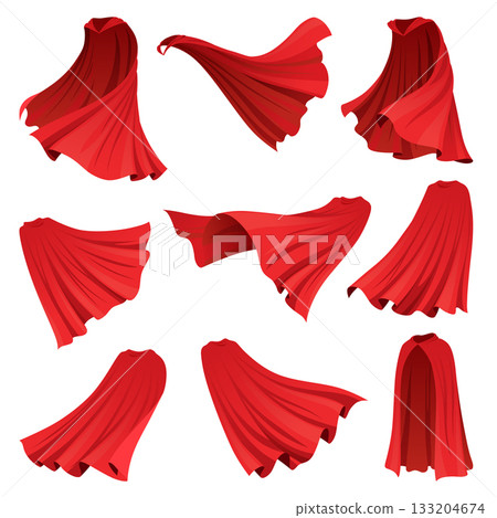Superhero red cape in different positions, front and side view. Scarlet fabric silk cloak. Mantle costume or cover cartoon vector set Superhero red cape in different positions, front and side view. Scarlet fabric silk cloak. Mantle costume or cover cartoon vector set 133204674