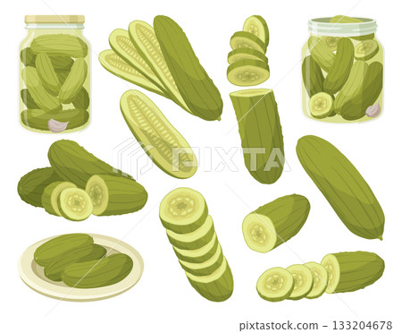 Homemade pickled cucumbers. Clip-arts of marinated food for packaging, label, menu, signboard or showcase. Fermented veggies, crunch gherkin with salt. Healthy vegetarian foods 133204678