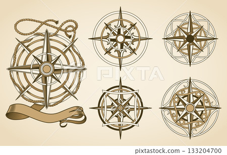 Retro nautical compass set. Hand drawn wind rose. Old vector design element for marine theme and heraldry. Vintage rose of wind for sea marine navigation 133204700