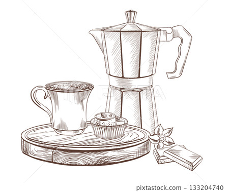 Arabic style morning coffee with a small cup of Arabica,Turkish delight dessert on a wooden round tray with chocolate bars and a vanilla flower with a geyser coffee maker for home brewing.Vector line Arabic style morning coffee with a small cup of Arabica,Turkish delight dessert on a wooden round tray with chocolate bars and a vanilla flower with a geyser coffee maker for home brewing.Vector line 133204740