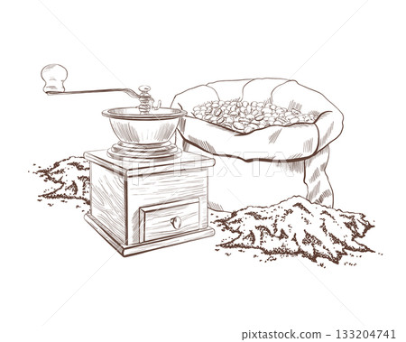 Manual wooden coffee grinder with a canvas bag containing coffee beans and a pile of freshly ground aromatic coffee as symbol of manual labor and genuine product quality.Vector hand drawn illustration Manual wooden coffee grinder with a canvas bag containing coffee beans and a pile of freshly ground aromatic coffee as symbol of manual labor and genuine product quality.Vector hand drawn illustration 133204741