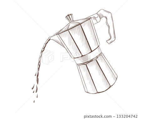 Metal geyser coffee maker on fire with coffee filter with a stream of hot aromatic coffee as a sign of cheerfulness and morning energy.Vector illustration hand drawn in line style 133204742