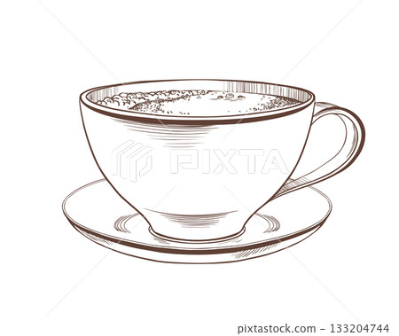 Classic wide porcelain cup with Americano coffee and light foam,elegant handle on saucer as a piece of kitchen utensils and symbol of coffee drinking.Vector illustration in line art Classic wide porcelain cup with Americano coffee and light foam,elegant handle on saucer as a piece of kitchen utensils and symbol of coffee drinking.Vector illustration in line art 133204744
