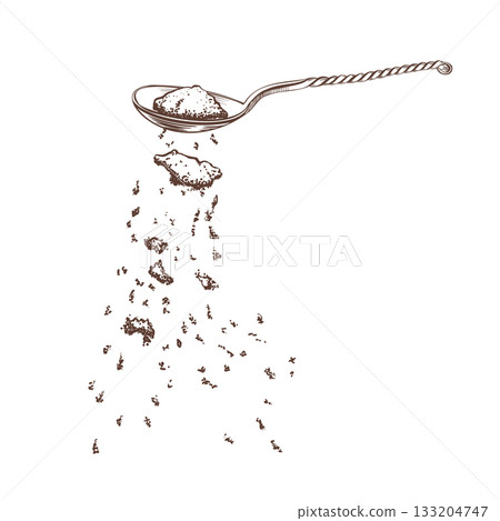 Metal teaspoon with twisted graceful handle with flying sprinkles of ground coffee as a piece of kitchen utensils and a symbol of coffee drinking.Vector illustration in minimalistic line art style 133204747