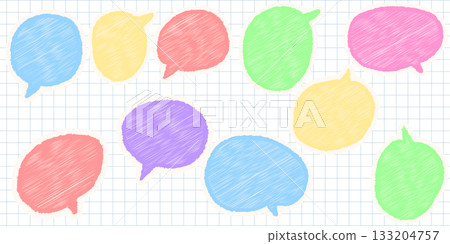 Hand drawn sketch style speech bubbles with chalk pencil texture on squared notebook paper, comic talk frames vector illustration with grunge style for design and communication 133204757