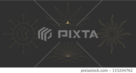 Sun line boho sunrise gold logo icon art moon sunburst create a soft graphic. It forms a symbol for yoga and beach style. A modern celestial emblem. 133204762