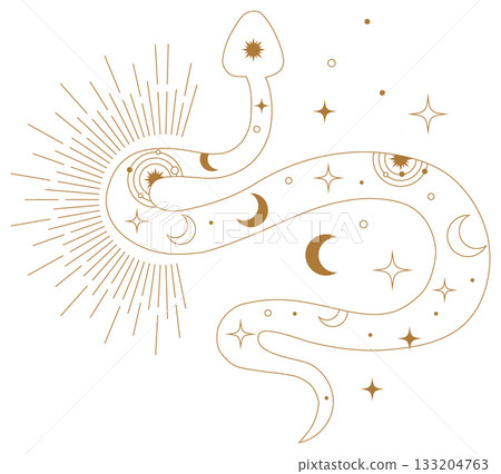 Sacred minimal tattoo style illustration of Kundalini serpent with mystical symbols. Abstract esoteric vector art expressing cosmic power healing and transformation. 133204763