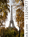 Eiffel Tower Framed by Autumn Trees in Paris Scenic View of the Iconic Landmark Surrounded by Golden Foliage on a Bright Fall Day 133204777