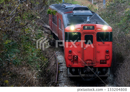 Local train bound for Tsuyama Station on the Tsuyama Line descending a winter slope. Kita-ku, Okayama City, Okayama Prefecture. 133204808
