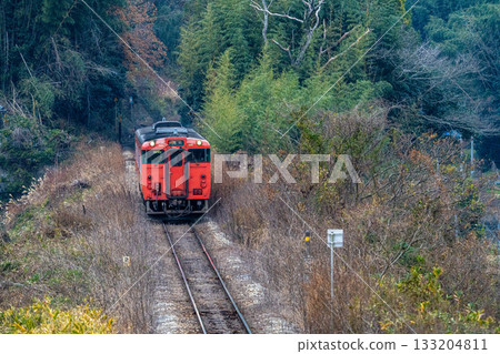 開往岡山站的津山線壽3號快速列車正在岡山縣岡山市北區攀登一座冬季山丘。 133204811