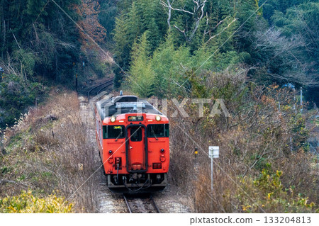 Kotobuki 5, a rapid train bound for Okayama Station on the Tsuyama Line, climbs a winter hill in Kita Ward, Okayama City, Okayama Prefecture 133204813