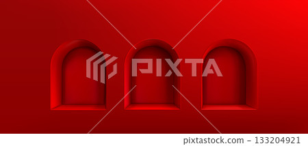 Red wall with 3d niche boxes Red wall with 3d niche boxes 133204921