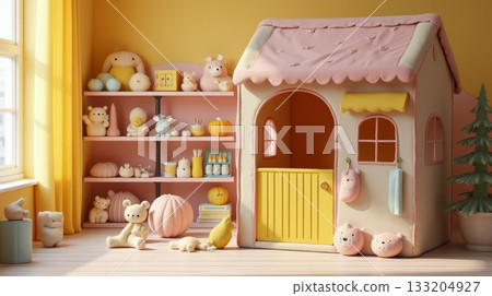 Adorable playroom featuring plush toys, pastel decor, shelves, and a yellow-pink playhouse. Bright sunlight streams through a window. Concept of playhouse in child room Adorable playroom featuring plush toys, pastel decor, shelves, and a yellow-pink playhouse. Bright sunlight streams through a window. Concept of playhouse in child room 133204927