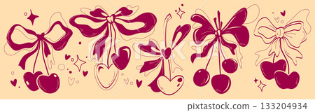 Cherry ornaments with ribbon bows 133204934