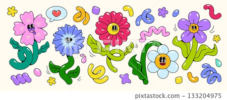 Retro flower characters and color doodles Retro flower characters and color doodles 133204975