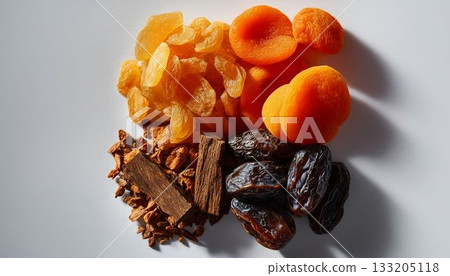 Dried fruits and spices arranged artistically on a white surface with natural light illuminating their textures Dried fruits and spices arranged artistically on a white surface with natural light illuminating their textures 133205118