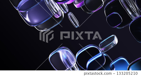 Neon glass square shapes on black 3d background. Abstract geometric glowing block pattern. Holographic transparent cubes with blue pink purple gradient. Futuristic digital tech banner. 3D illustration 133205210