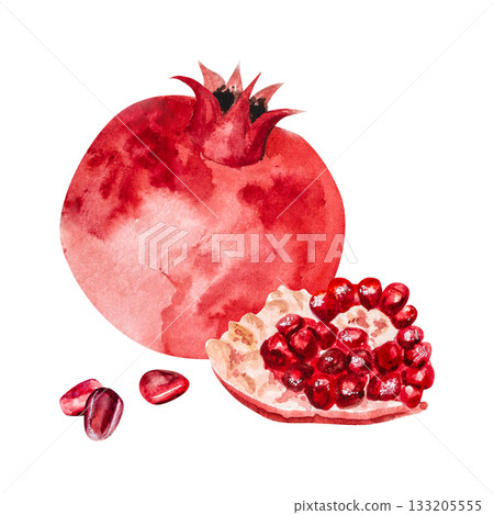 Pomegranate, hand-drawn watercolor illustration. Pomegranate fruits, pomegranate seeds, leaves, and flowers, hand-drawn in watercolor. 133205555