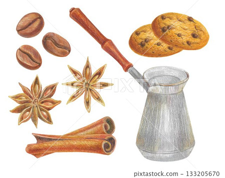 Hand drawn illustration with cookies, cinnamon, star anice, coffee beans and a coffee pot for graphic design. Isolated colored pencil illustrations on a white background. Coffee collection. 133205670